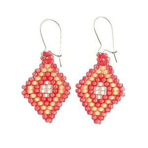 NEW Artisan Red & Yellow Diamond Shaped Woven Handmade Beaded Dangling Earrings